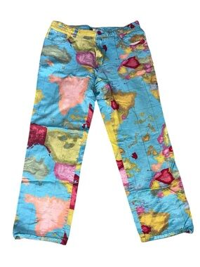 RARE Alviero Martini Italy Vintage Sateen Geo Classic World Map Print Pants - M